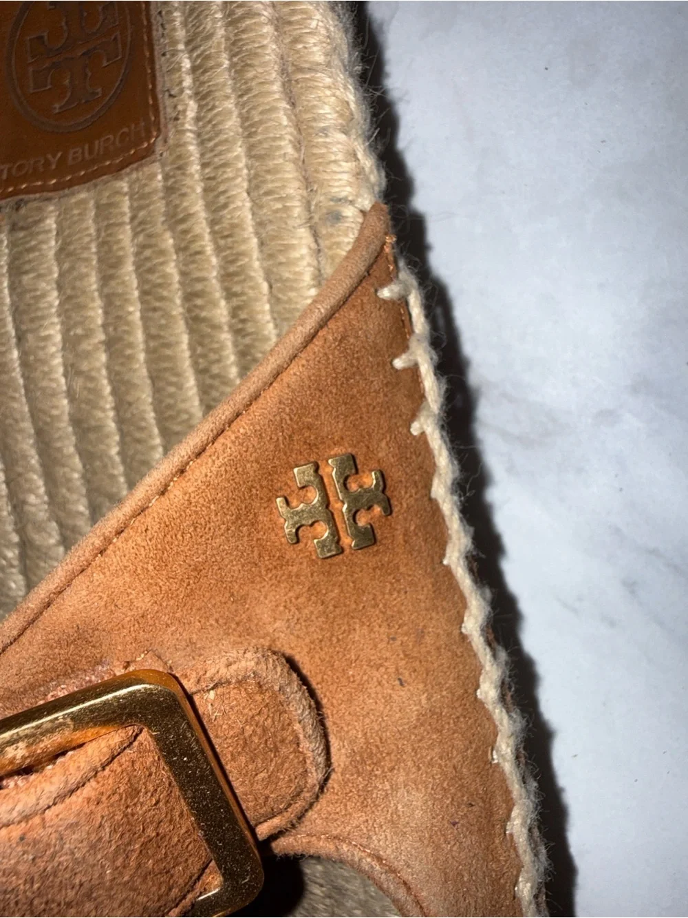 Tory Burch Tan Suede Double-Buckle Espadrille Slide Sandals